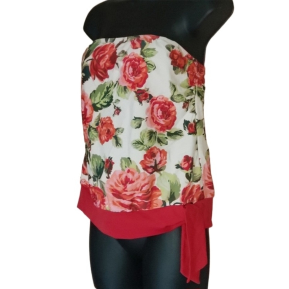 ISSAC MIZRAHI Tankini Swim Top Strapless Red Rose Floral Pinup Retro 1940s 1950s